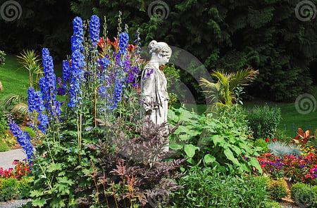 Blue delphinium garden - delphinium, blue, statue, garden