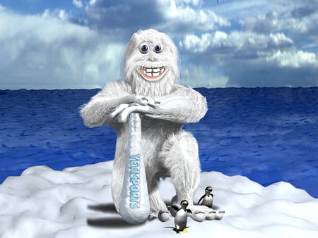 Yeti - clouds, winter, funny, yeti, sea, sky, penguin