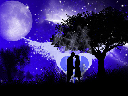 forewer together  - moon, black, people, heart, angel, kiss, stars, love