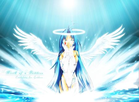 Birth of a Goddess - long blue hair, anime, water, goddess, white wings, angel, birth