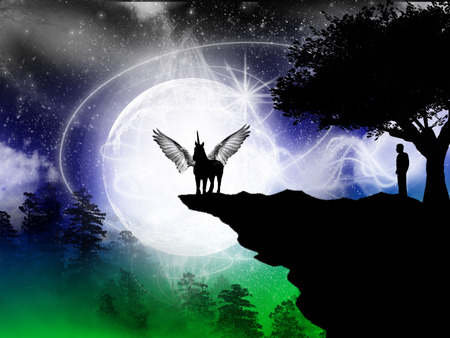 mystical place - moon, people, silhouette, pegasus, stars, tree, shining, friends, unicorn, sky, pegas