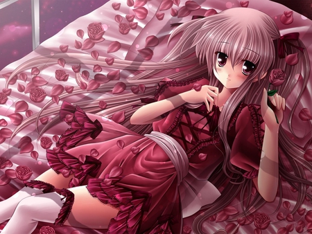 Anime in pink - woman, girl, pink, anime, fantasy, flower