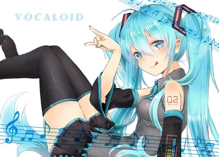 Hatsune Miku - aqua, hot, thighhighs, music, anime girl, stockings, white, art, cool, aqua eyes, artistic, hatsune miku, sexy, skirt, leggings, digitla, song, vocaloids, program, vocaloid, beautiful, uniform, diva, beauty, nice, twintail, singer, aqua hair, long socks, black, virtual, pretty, idol, anime, miku, cute, girl, notes, cg, hatsune, blue, tie, awesome, gray, outfit