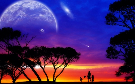 Future Dreams - abstract, moon, trees, blue, children, playing, dreams, fantasy, sunset, view, dreamy