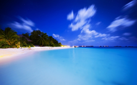 Calm Blue Beach - ocean, beach, sky, trees, summer, calm, nature, view, clouds, blue, sea, sand