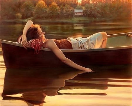 Peaceful evening - relax, house, trees, water, boat, evening, peaceful evening, beauty, forest, lady, beautiful lady, woman, pillow, peaceful moments