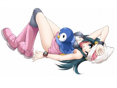 Dawn and Pinplup - pretty, anime girl, pokemon, beautiful, hot, beauty, long hair, stunning, dawn, pinplup, black hair, cute, sexy, kneesocks