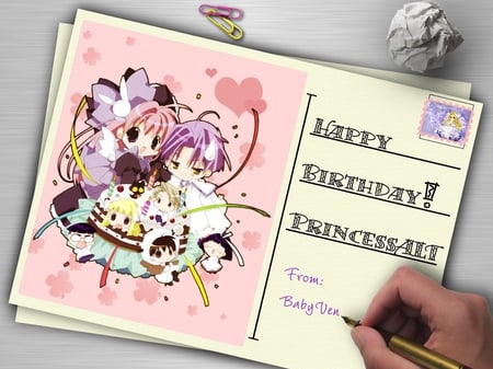 Happy Birthday-Pita Ten - stamp, happy birthday, anime girl, pen, anime boy, paper clips, anime, pita ten, paper wad, happy