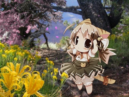 Chibi Punchiko - flowers, blossoms, anime, punchiko, plants, digi charat, cat