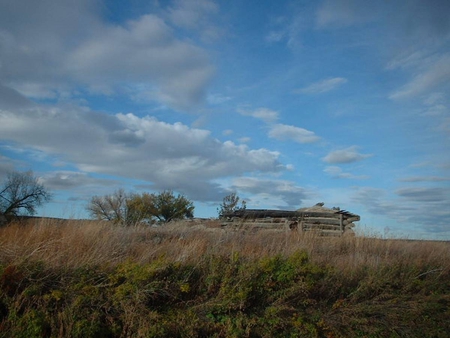 Windswept Past - clouds, homestead, blue sky, grass, field, buildings, hilltop