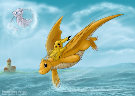 Pikachu Flying With his friends - storm, clouds, anime, pokemon, pikachu, waves, mew, dragonite, sky