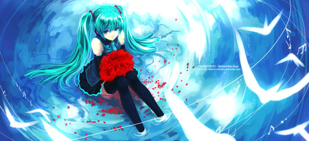 Hatsune Miku - hatsune, roses, blue, anime, water, miku