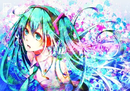 Hatsune Miku - aqua, headset, colorful, music, anime girl, white, art, cool, aqua eyes, artistic, hatsune miku, rainbow, song, vocaloids, program, vocaloid, pink, beautiful, uniform, diva, beauty, nice, twintail, singer, aqua hair, black, virtual, pretty, idol, green, anime, miku, cute, girl, cg, hatsune, microphone, headphones, blue, tie, awesome, digital, outfit