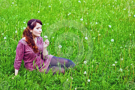 girl on the grass - green, field, girl, grass