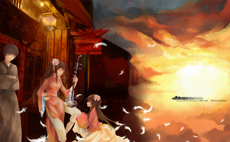 Asian Countries - kawai, girls, cool, cute, japanese clothes, instrument, anime, male, female, kimono, sunset