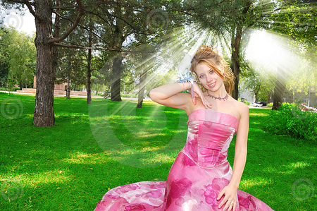 lovely girl in rising sun - pink, lovely, girl, green, grass