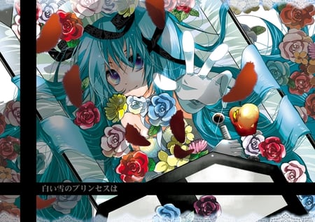 Hatsune Miku - aqua, bed, hot, music, anime girl, white, art, yellow, cool, aqua eyes, artistic, hatsune miku, sexy, song, vocaloids, program, vocaloid, beautiful, diva, dress, nice, beauty, twintail, singer, aqua hair, black, virtual, pretty, idol, anime, miku, cute, apple, girl, cg, hatsune, red, flowers, digital, awesome