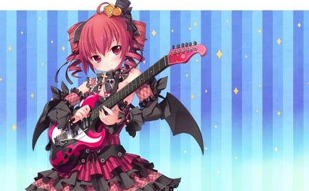 Kasane Teto - pretty, artistic, pink, light, red hair, guitar, pink eyes, rocker, nice, program, hot, beauty, virtual, red eyes, cg, white, wings, cute, song, sexy, vocaloid, anime, blue, twintail, dress, devil, kasane teto, music, teto, kasane, red, pink hair, art, idol, anime girl, beautiful, singer, girl, blush, cool, black, glow, awesome, diva, digital, vocaloids