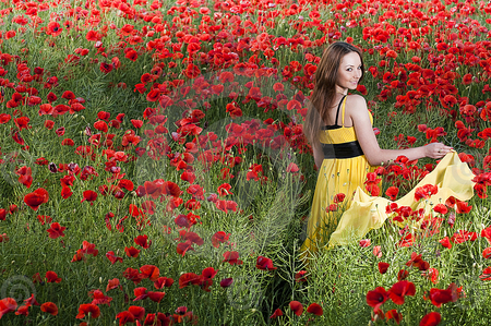 Smiling young girl with yellow scarf - yellow, girl, red, scarf, flowers, dress