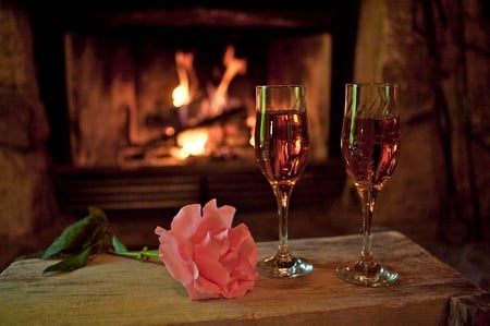 waiting for you - rose, wine, romance, fire