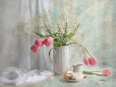 still life - pretty, elegant, pink, photo, flowers, nice, cake, gently, beautiful, photography, beauty, kettle, tea, lovely, cool, still life, flower, tulip, bouquet, drink, harmony, white, tulips, soft, cup