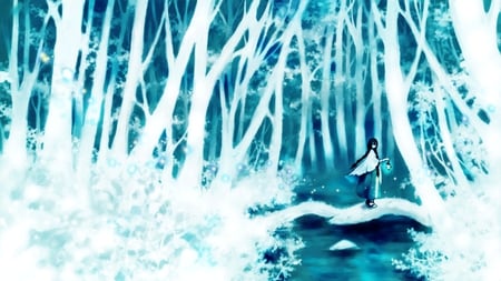 Mythical Forest - aqua, music, anime girl, white, art, cool, lantern, river, aqua eyes, artistic, hatsune miku, song, vocaloids, program, forest, vocaloid, beautiful, diva, beauty, nice, sky, trees, legend, myth, twintail, singer, aqua hair, black, virtual, pretty, idol, anime, mythical, miku, cute, bridge, girl, cg, hatsune, blue, digital, awesome