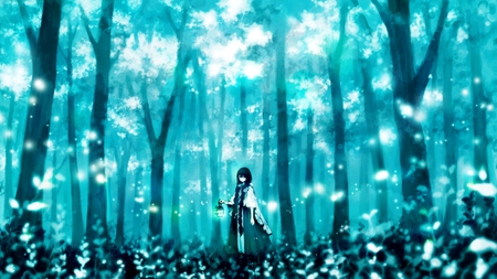 Mythical Forest - pretty, artistic, mythical, nice, program, beauty, virtual, petals, cg, white, cute, aqua eyes, legend, song, vocaloid, anime, blue, twintail, hatsune miku, forest, music, aqua, art, sky, idol, anime girl, trees, beautiful, singer, girl, cool, lantern, black, miku, awesome, diva, digital, aqua hair, myth, hatsune, vocaloids