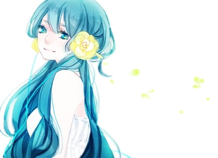 Hatsune Miku - aqua, music, anime girl, white, art, yellow, cool, petals, aqua eyes, artistic, hatsune miku, song, vocaloids, program, beautiful, vocaloid, diva, nice, beauty, twintail, singer, aqua hair, black, virtual, pretty, idol, anime, miku, cute, girl, cg, hatsune, flowers, digital, awesome