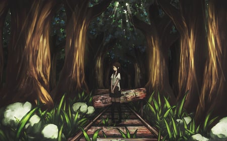 Seifuku - scenic, girl, forest, long hair, anime, tree