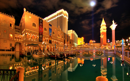 Las Vegas - beauty, sky, peaceful, venice, water, colorful, view, modern, lanterns, reflection, lantern, clouds, romance, architecture, moonlight, las vegas, bridge, moon, lake, building, gondolas, gondola, night, buildings, lovely, nature, romantic, beautiful, city, splendor, colors, lights