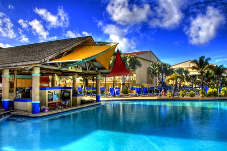 Blue Pool - picture, blue, swimming-pool, beautiful, houses