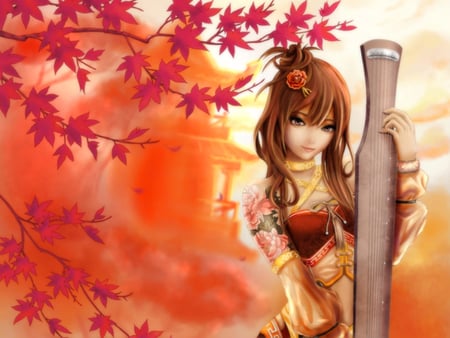 Beauty of Girl - beauty of girl, autumn, female, music, rose head, anime girl, leaf, musical instrument, autumn leaves, tattoo, fall, leaves