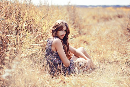 My little Friend - beauty, girl, photography, poodle, field, nature, beautiful, dog, brunette, friend