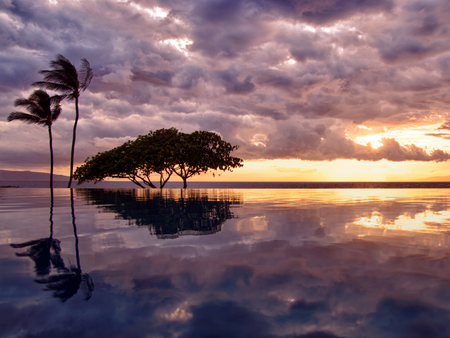 reflectionsinparadise - sky, purple, trees, reflection, clouds, sun, sunset, waterfall