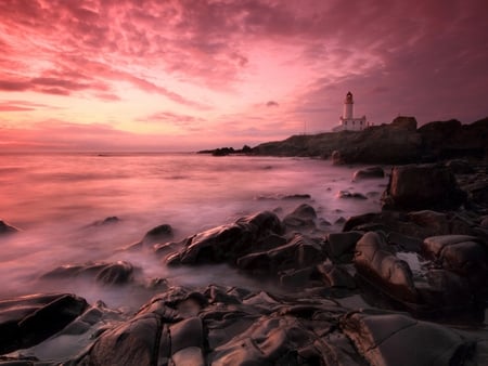 Cherry evening - lighthouse, pink, water, evening, rocky, ocean, shore, clouds, light