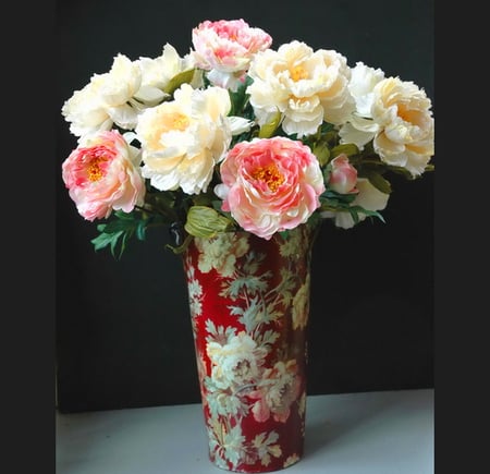 Peonies - still life - white, peonies, floral vase, cream, pink, red, table, leaves