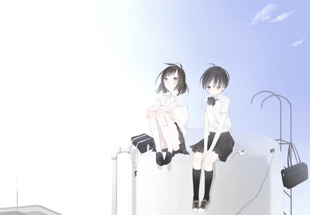 Tagme - tagme, uniform, bag, black hair, seifuku, 2girls, short hair