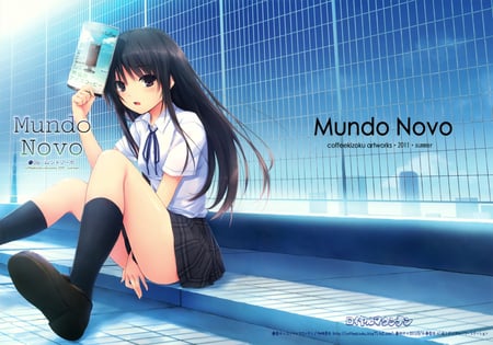 School days - sky, long hair, uniform, black hair, book, black eyes