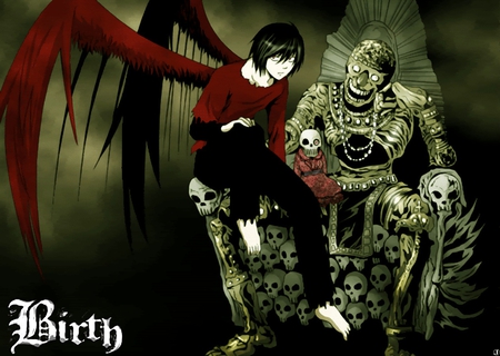 death note - l, red, green, angel dark, night, calabera