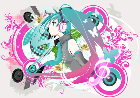 miku hatsune - long hair, pink, blue eyes, green hair, music, maripose