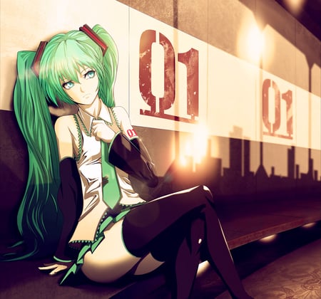 miku hatsune - green eyes, 01, long hair, blush, gree hair, sit, dress