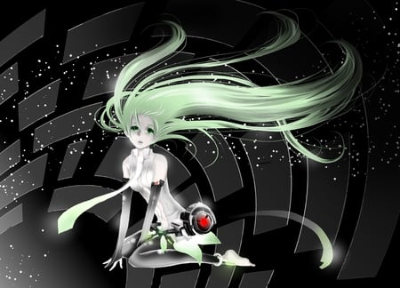 slow miku - long hair, black, blue eyes, green hair, stars