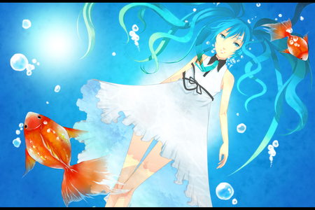 Hatsune Miku - aqua, thighhighs, music, anime girl, underwater, white, art, cool, aqua eyes, artistic, hatsune miku, song, vocaloids, program, vocaloid, beautiful, diva, sea, dress, nice, beauty, water, twintail, singer, aqua hair, bubbles, black, virtual, pretty, idol, anime, orange, miku, cute, ocean, girl, cg, hatsune, fish, digital, awesome