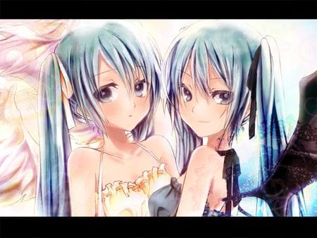 miku nad miku - blue hair, angel, blush, long hair, demon, blue eyes