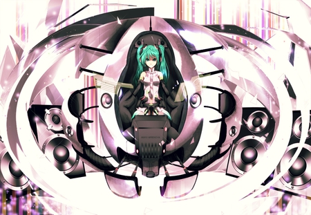 Miku Append - outfit, virtual, miku, digital, control room, vocaloids, song, uniform, singer, cool, pink, awesome, vocaloid, thighhighs, anime, twintail, blue, cg, aqua hair, hatsune, black, cute, beautiful, hot, girl, bass, anime girl, white, program, aqua eyes, artistic, pretty, aqua, beauty, art, diva, room, nice, sexy, idol, music, hatsune miku