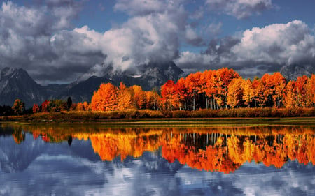 Autumn Colors - autumn colors, splendor, landscape, grass, reflection, view, lake, sky, clouds, trees, water, beautiful, beauty, colors, lovely, tree, fall, nature, autumn, mountains, peaceful