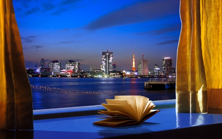 Beautiful View - beauty, sky, peaceful, water, room, colorful, hotel, book, tower, view, reflection, evening, window, clouds, river, romance, architecture, building, buildings, lovely, skyscrapers, nature, pier, town, skyline, romantic, blue, beautiful, city, splendor, colors, lights