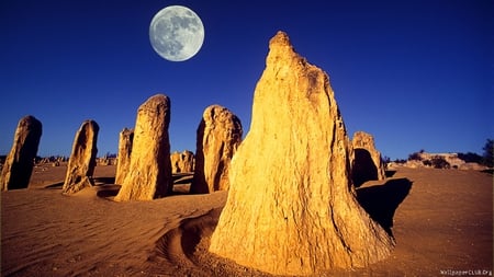 monoliths - moon, blue, 3d, monoliths, desert