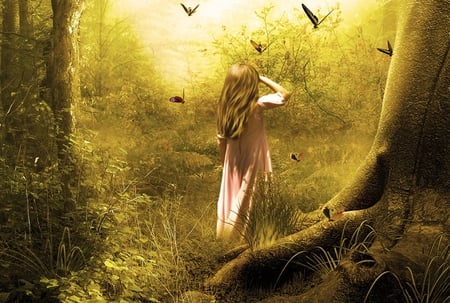 Fly - wood, butterfly, girl, forest, sun, fly