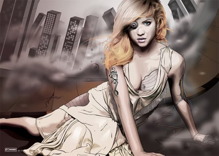 Mass Destruction - female, dress, girl, blonde, eye, vector, hair, destruction, face